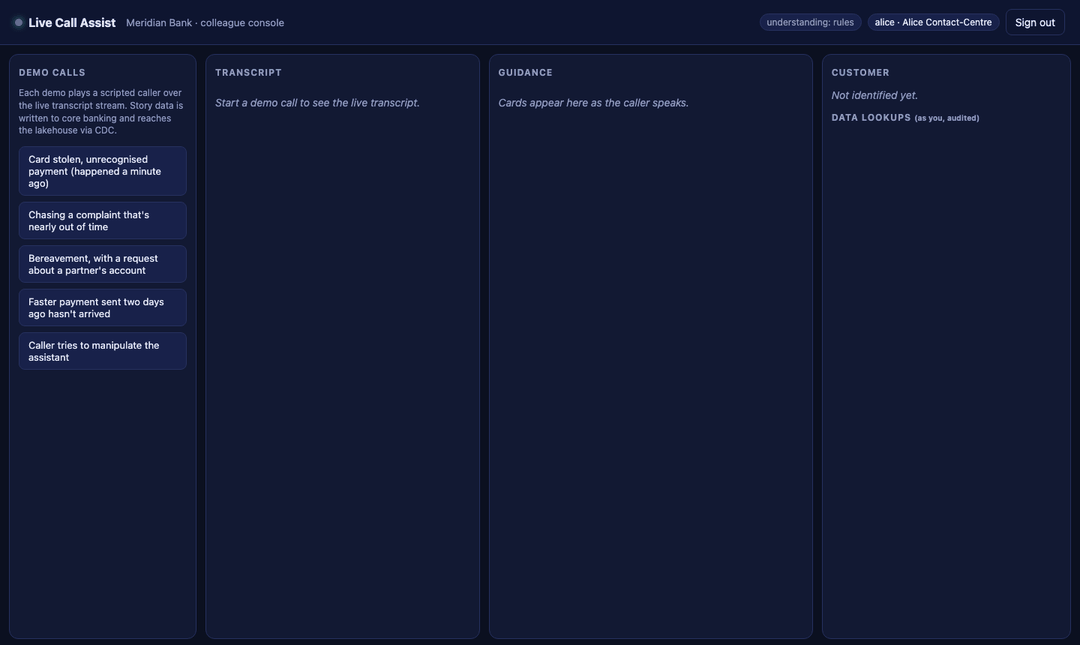 The Live Call Assist console during a card-fraud call: transcript, guidance cards, customer panel, and the platform x-ray of the card that found the payment